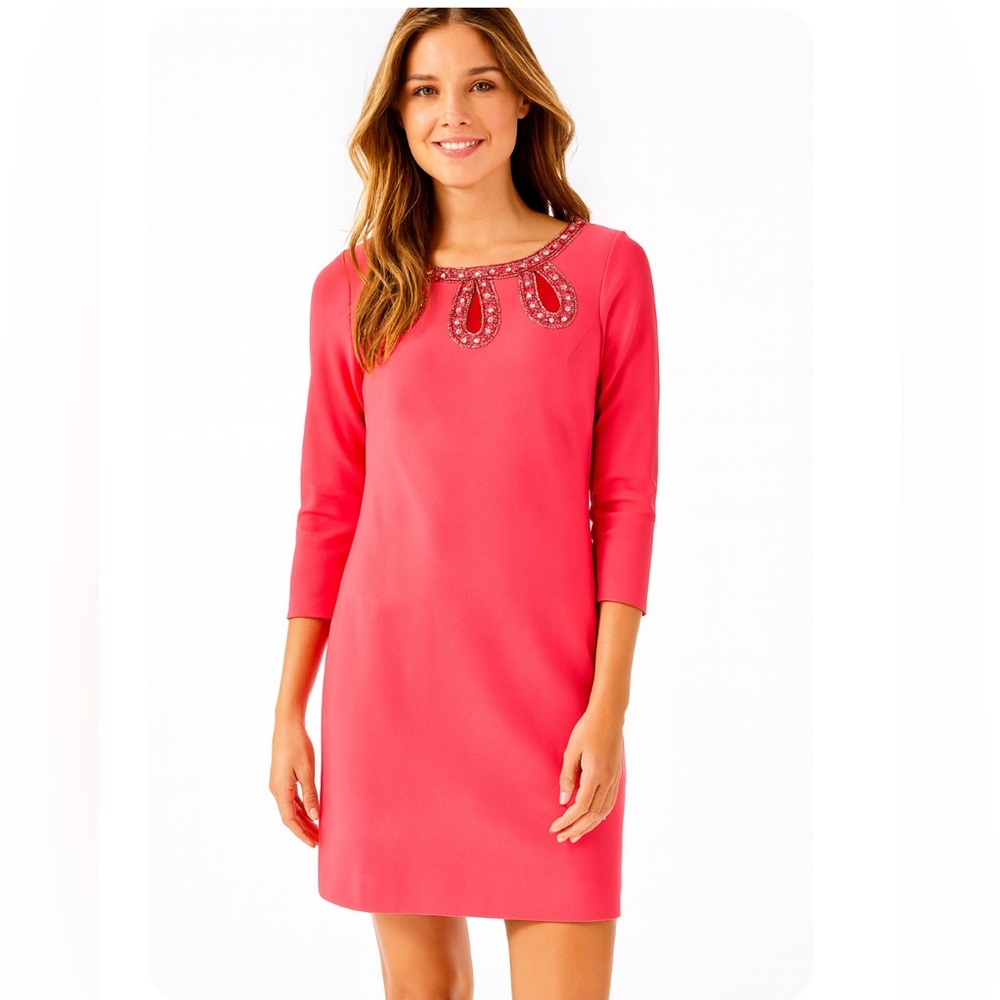 Lilly Pulitzer Pink Dress Gold Beaded Neckline 2